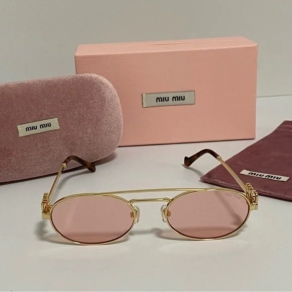 Miu Miu Pink Lens Gold Frame Oval Sunglasses - Picture 3 of 6
